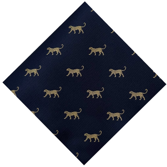 Navy blue pocket square with golden leopard embroidery