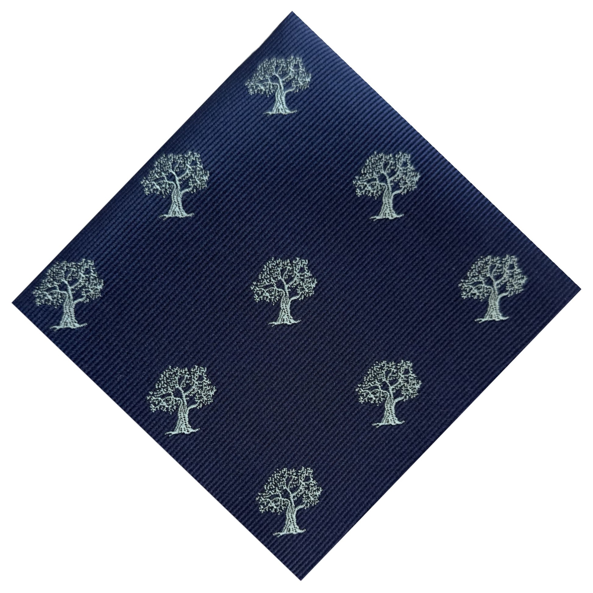 Blue pocket square with silver tree embroidery