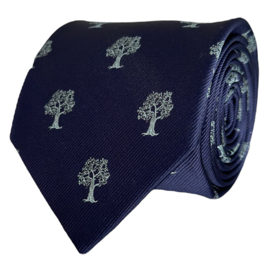 Navy blue necktie with silver tree pattern throughout