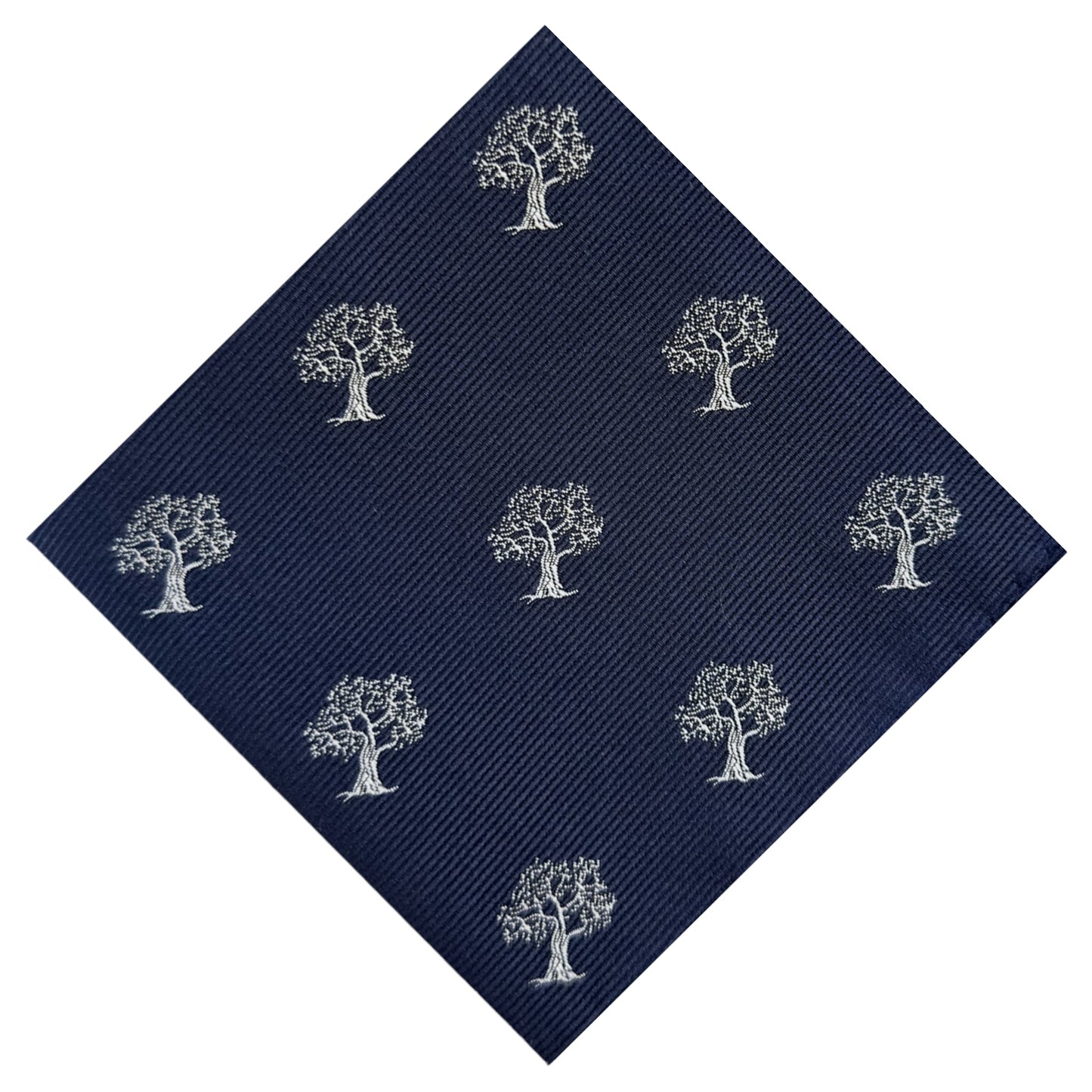 navy blue pocket square with white tree embroidery