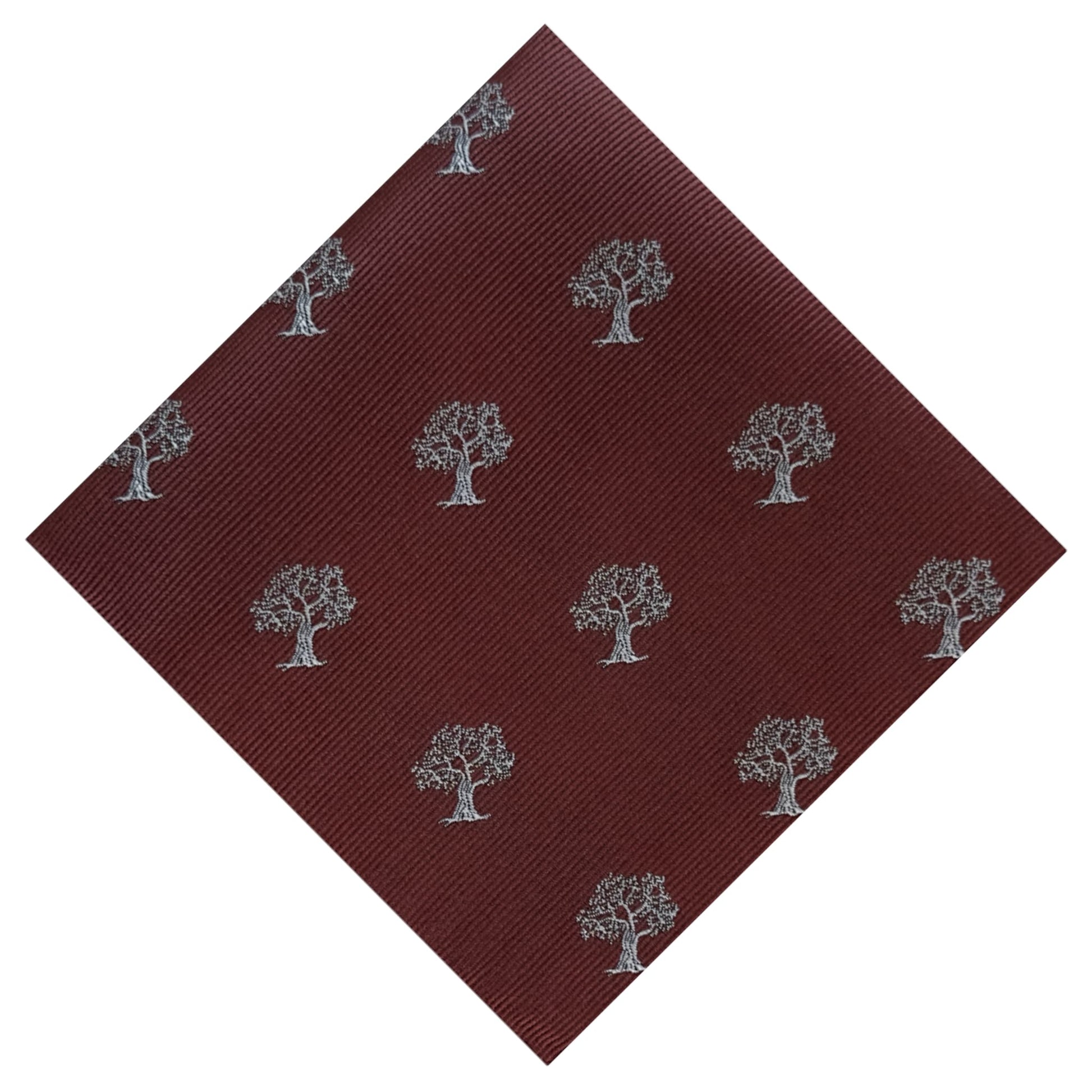 Brown pocket square with intricate white tree embroidery