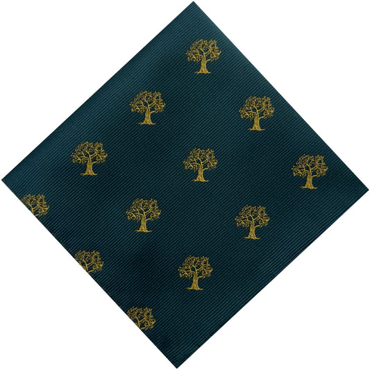 Emerald green pocket square with gold tree embroidery
