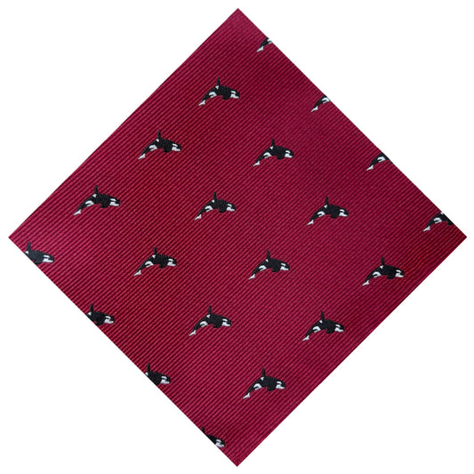 Red pocket square with black and white orca embroidery