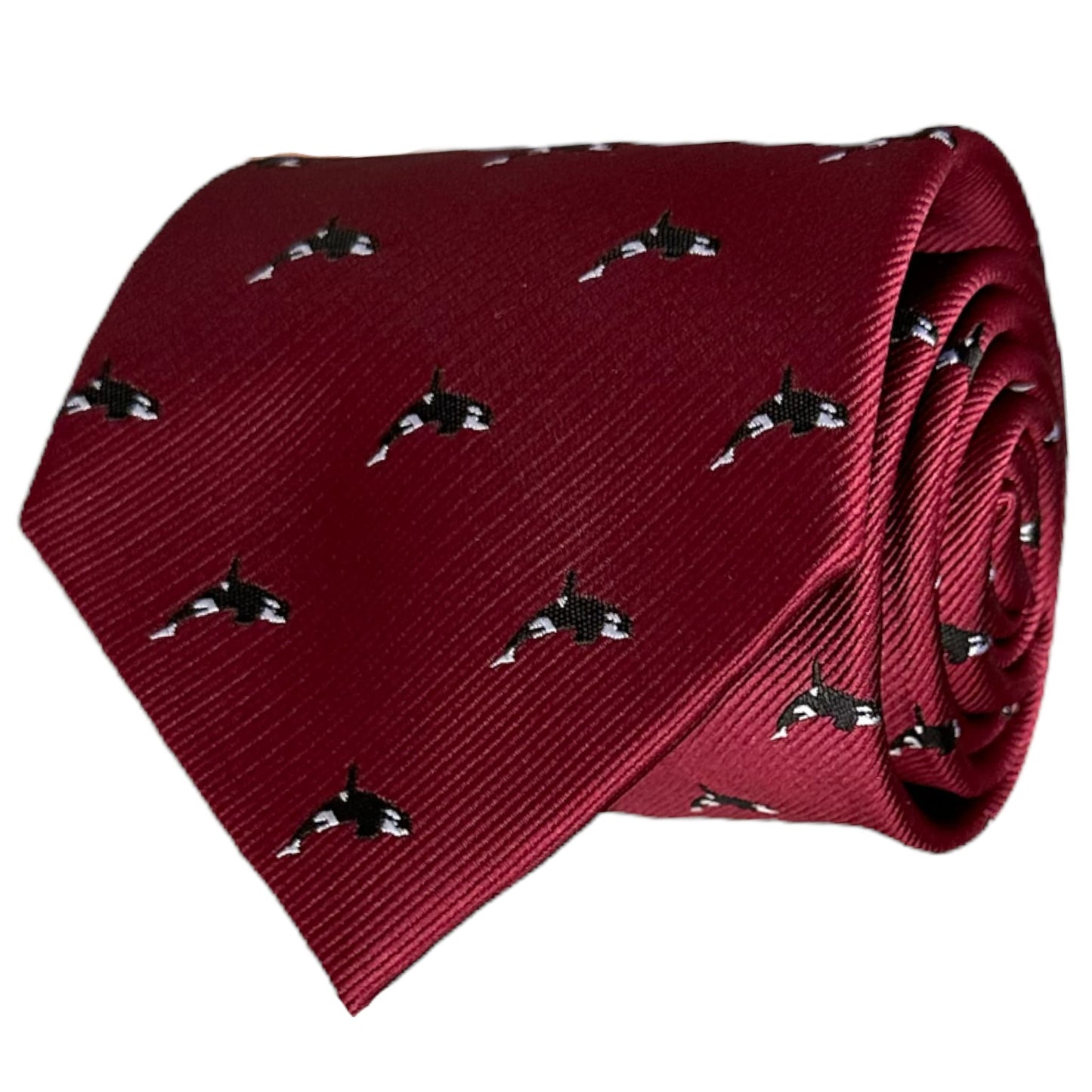 Opulent red necktie with orca pattern embroidery
