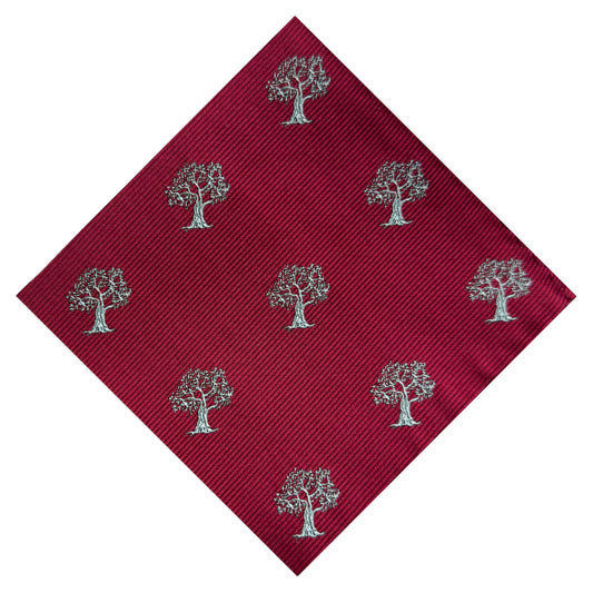 Red pocket square accented with silver tree embroidery