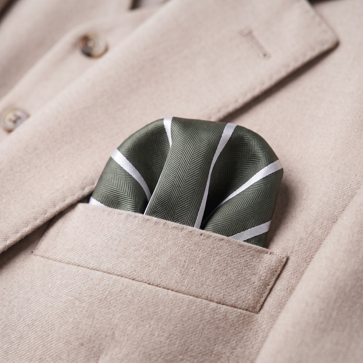 Khaki & White Stripe Pocket Square - Hawksmoor Edit