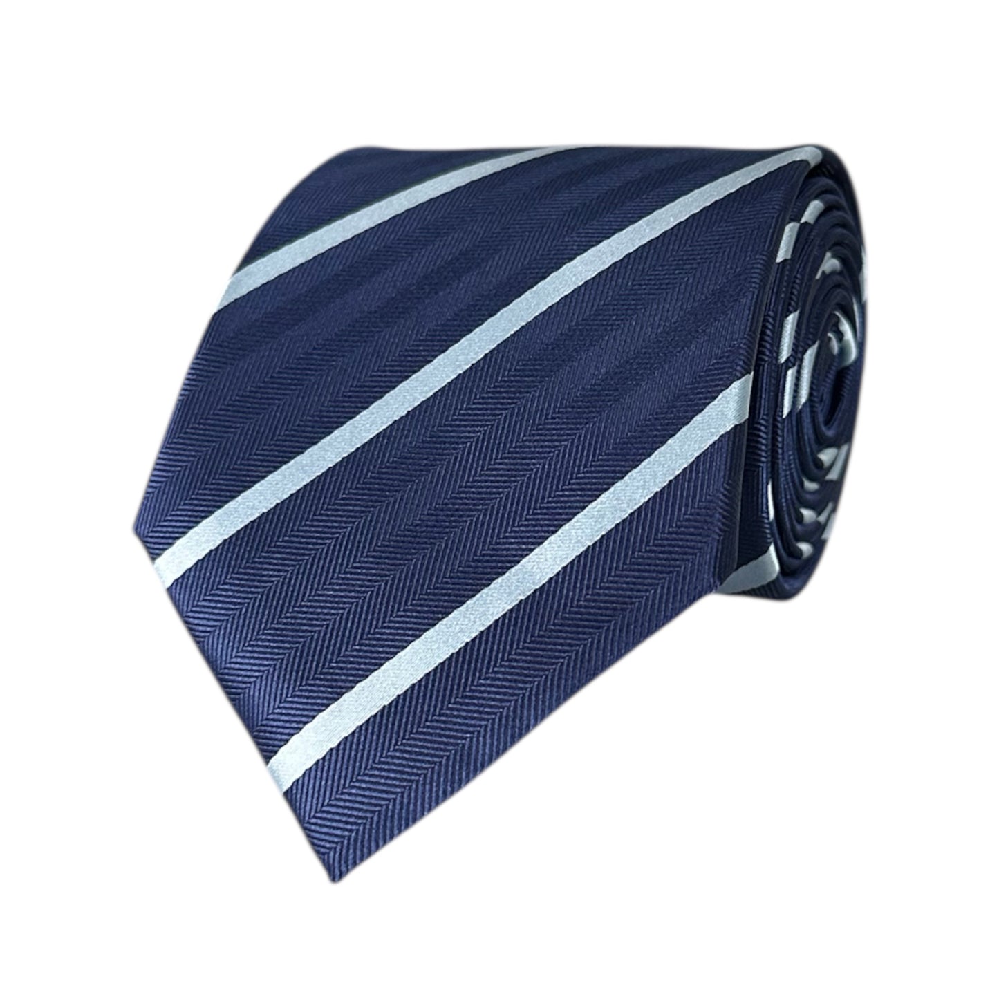 Navy blue tie with light blue stripes on a white background