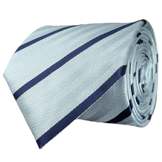 Rolled-up light blue tie with dark blue stripes on a white background