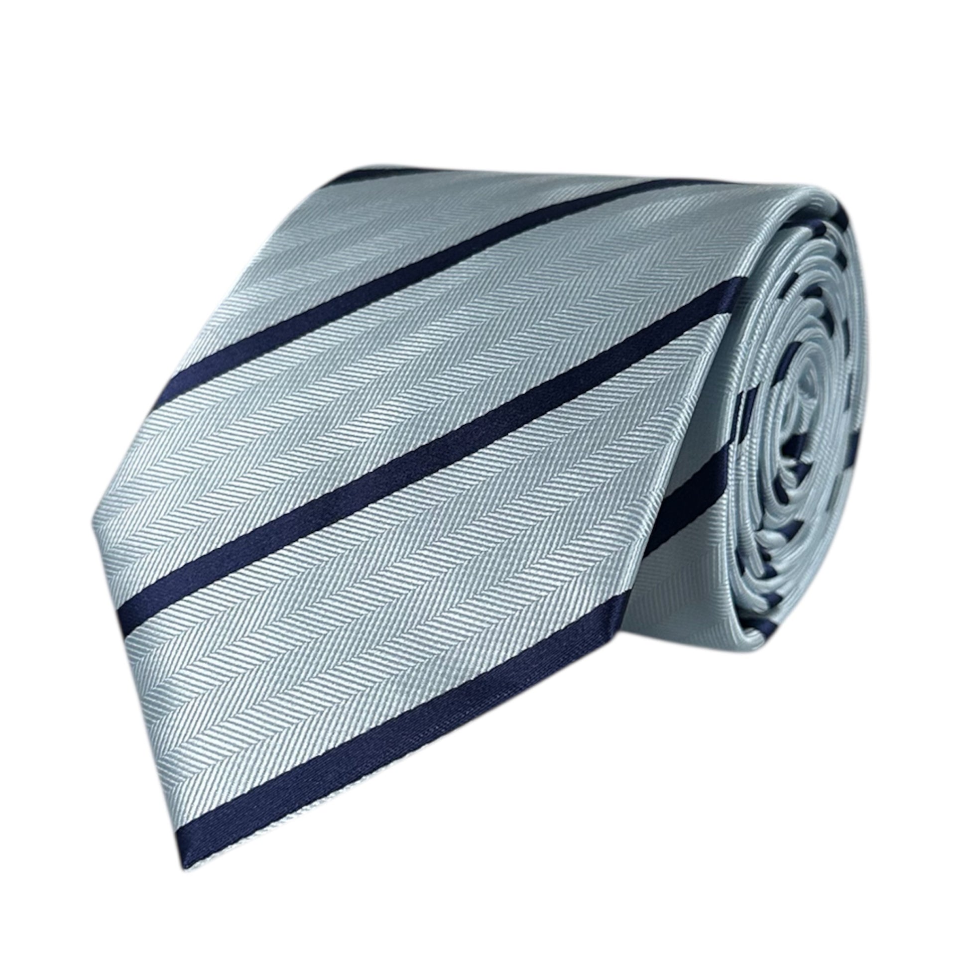 Folded light blue tie with dark blue stripes on a white background