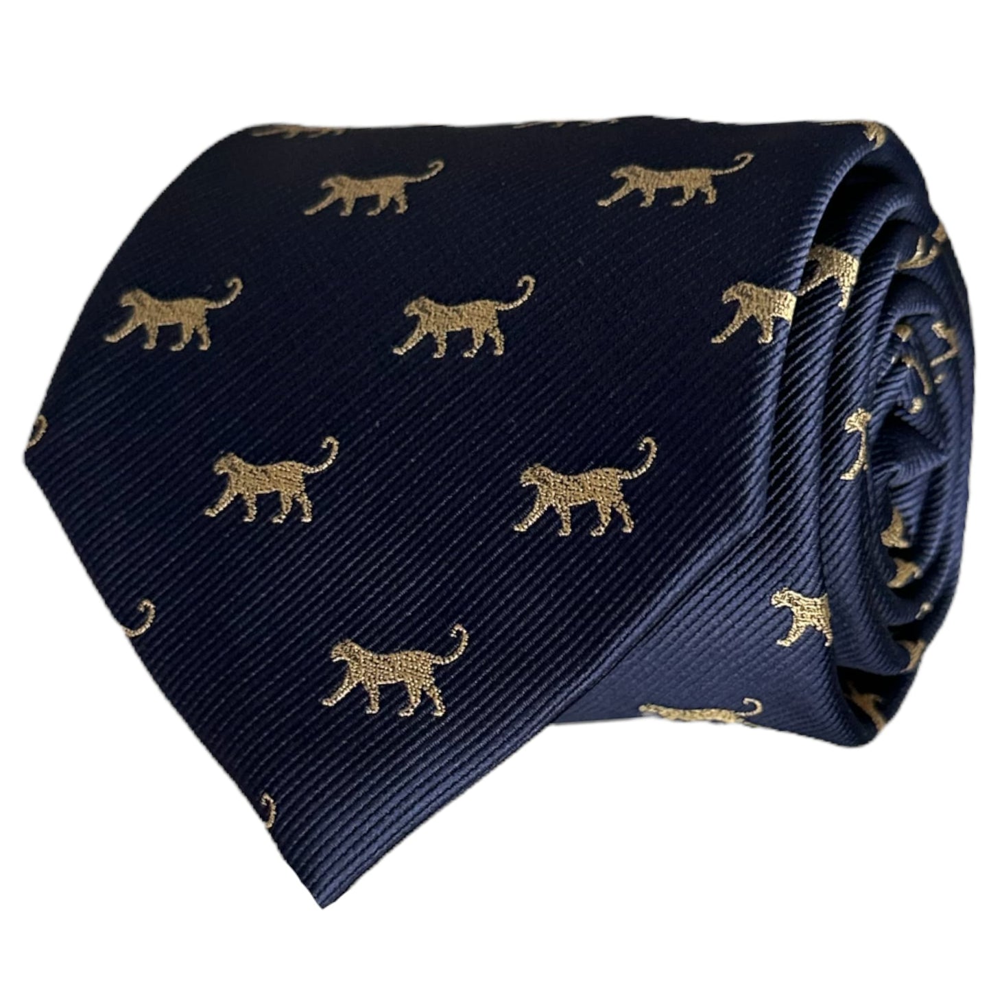 navy blue tie with gold leopard embroidery