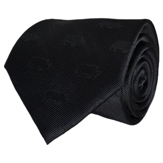 Product photo of a black tie with black rhino embroidery 