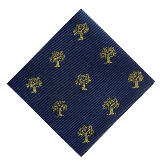 blue pocket square with intricate gold tree embroidery