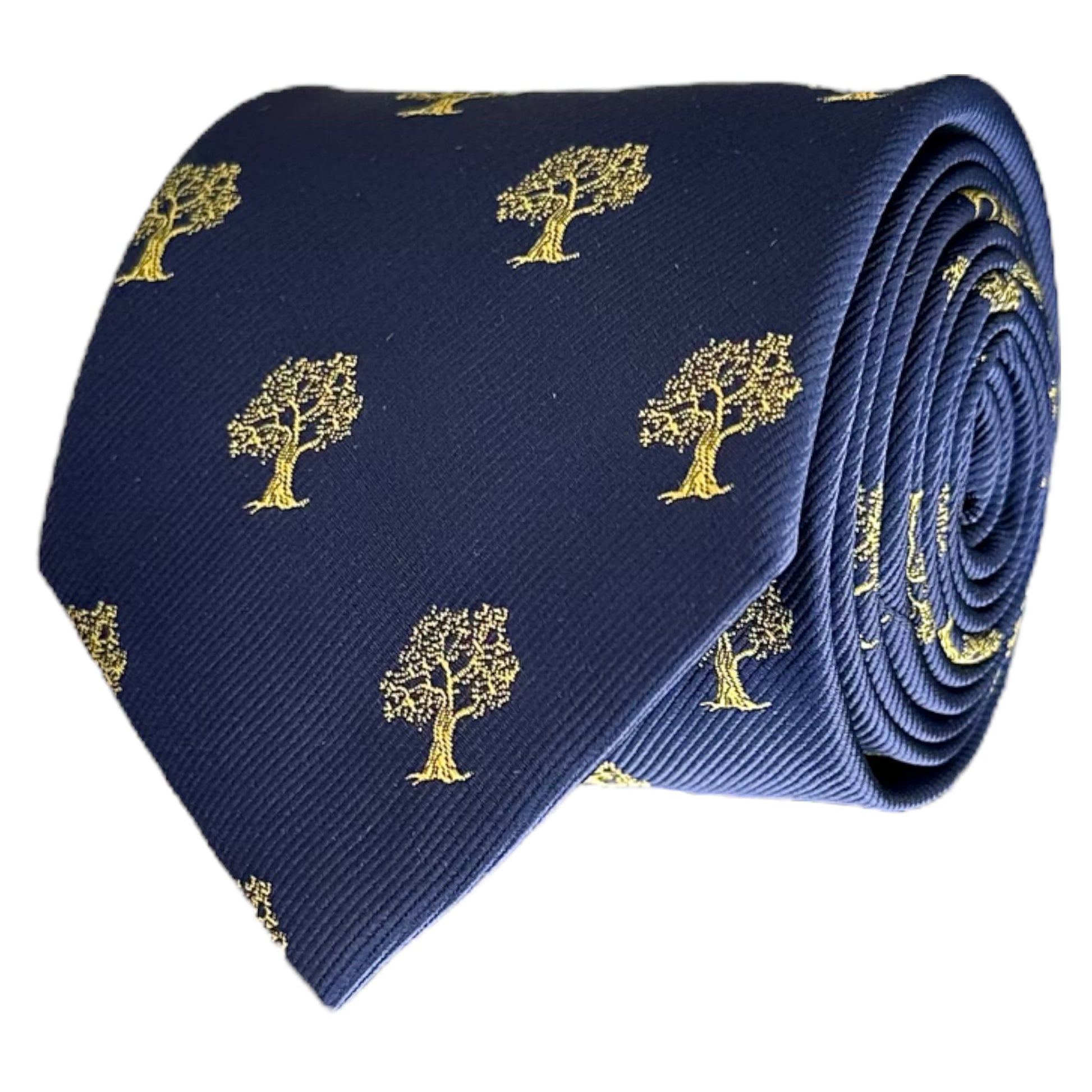 blue pocket square with gold tree logo embroidered