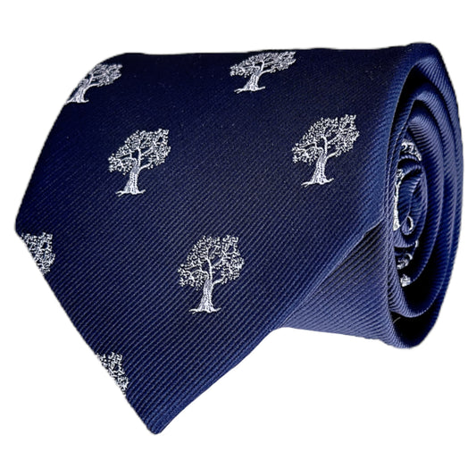 blue necktie with white tree pattern