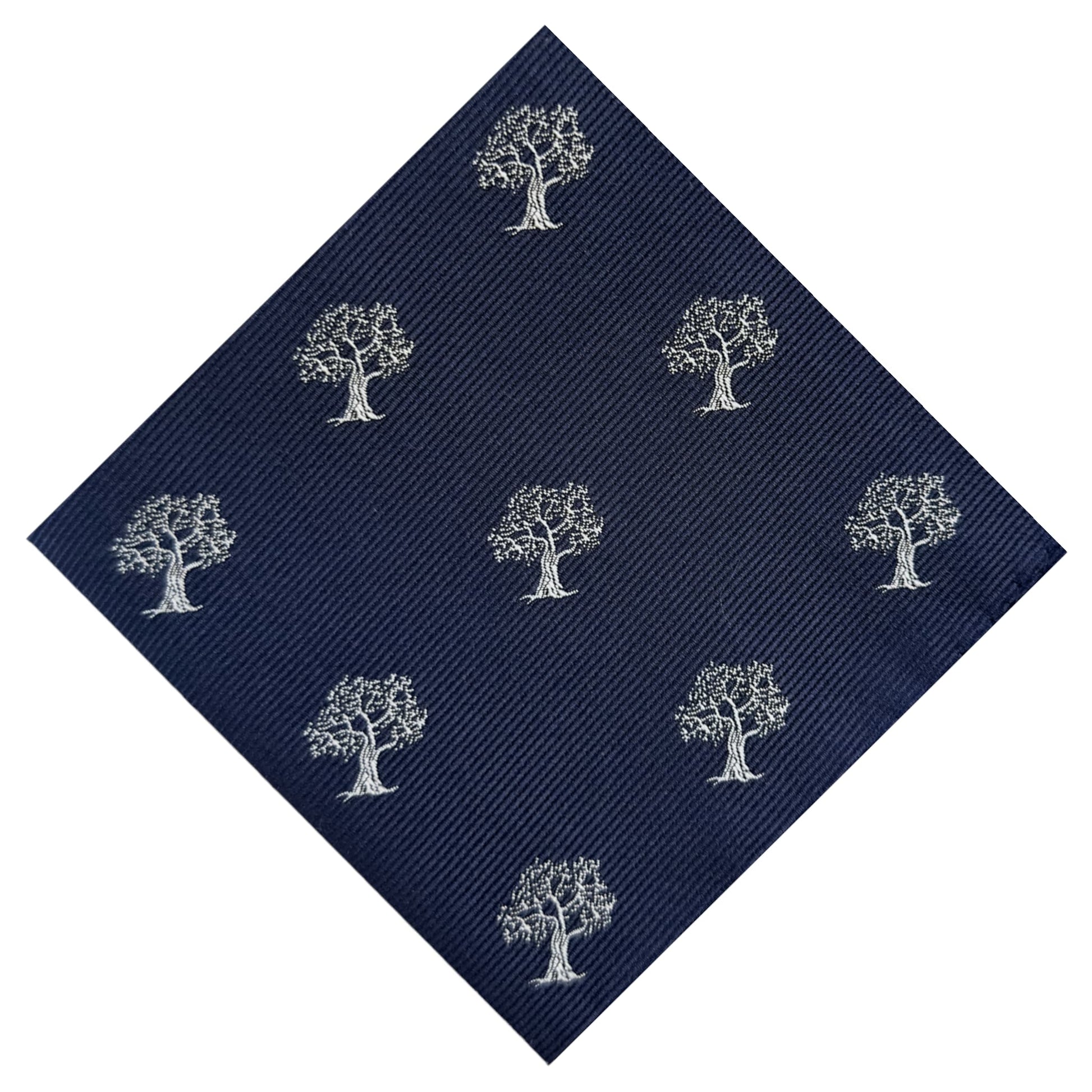 navy blue pocket square with white tree embroidery