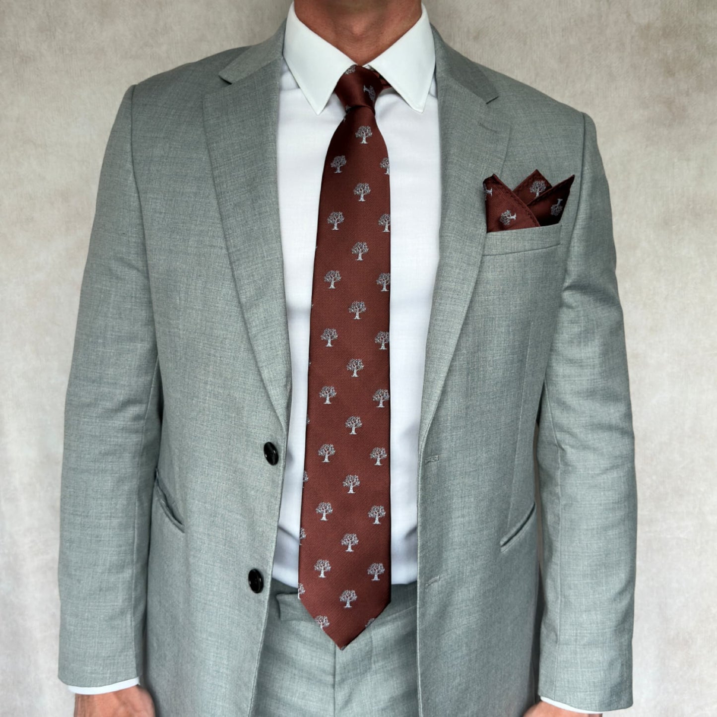 model wearing a grey suit and brown tie with white tree motif