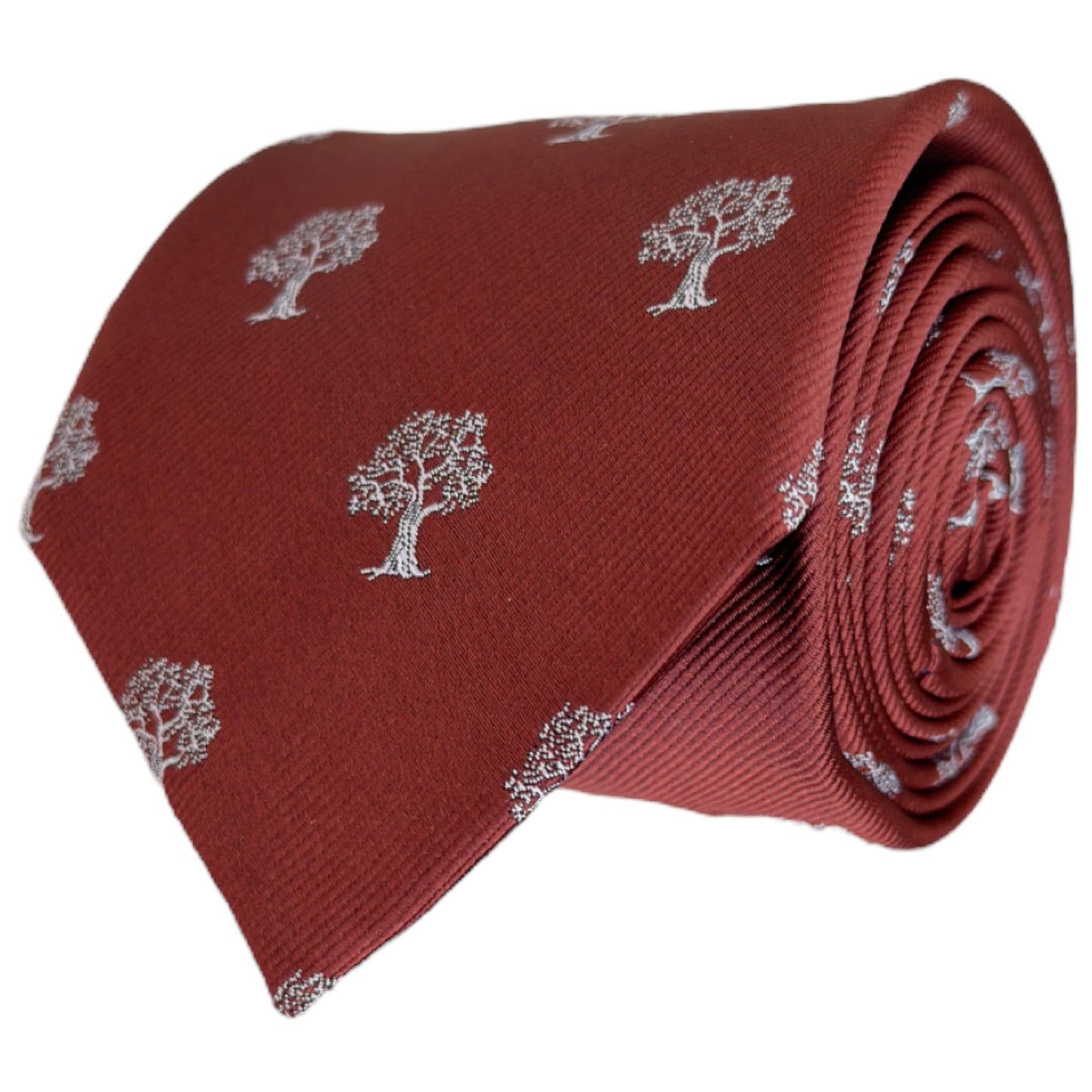 Brown tie with a intricate white tree embroidery throughout