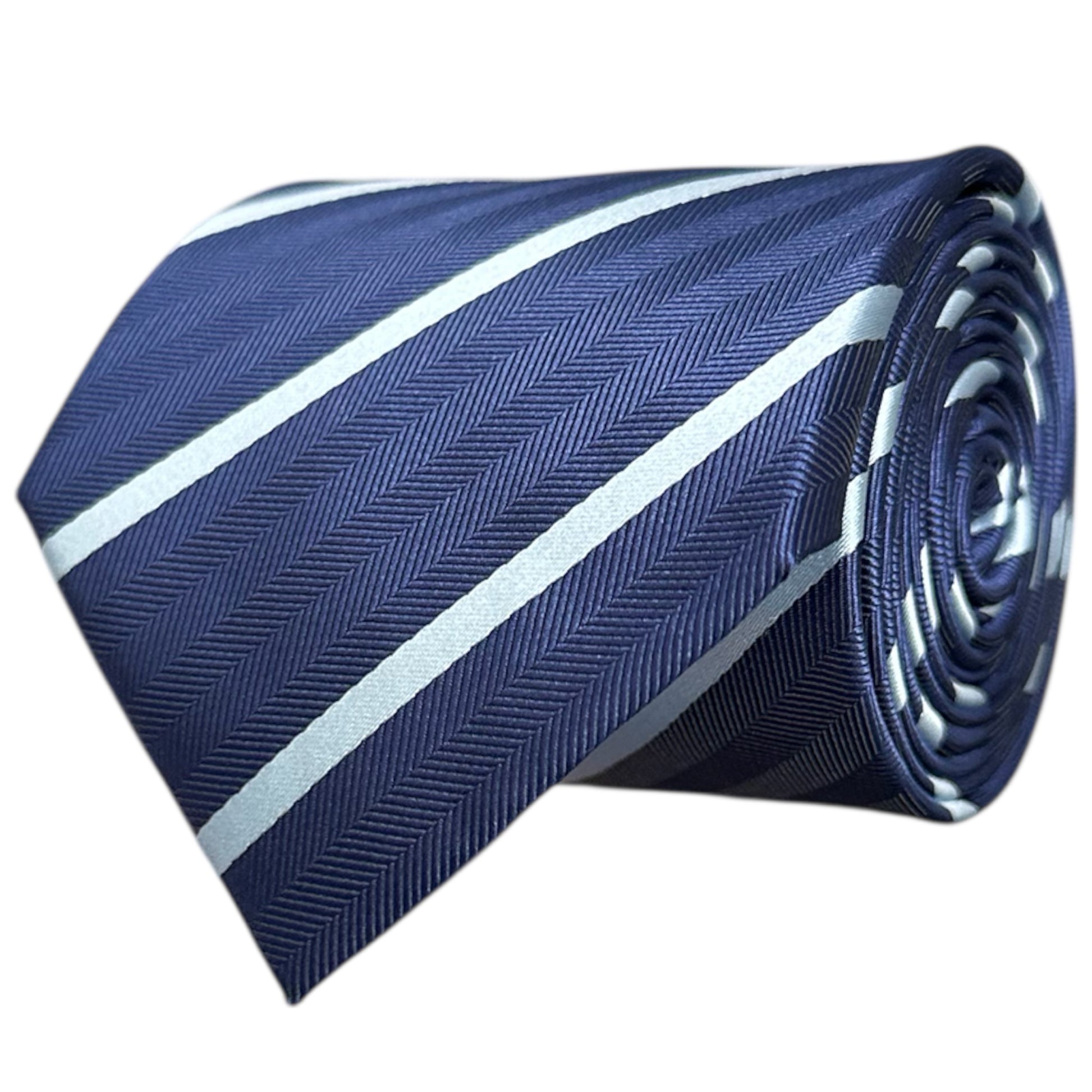 Rolled-up navy blue tie with light blue stripes on a white background