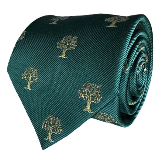 Green tie with gold tree embroidery 