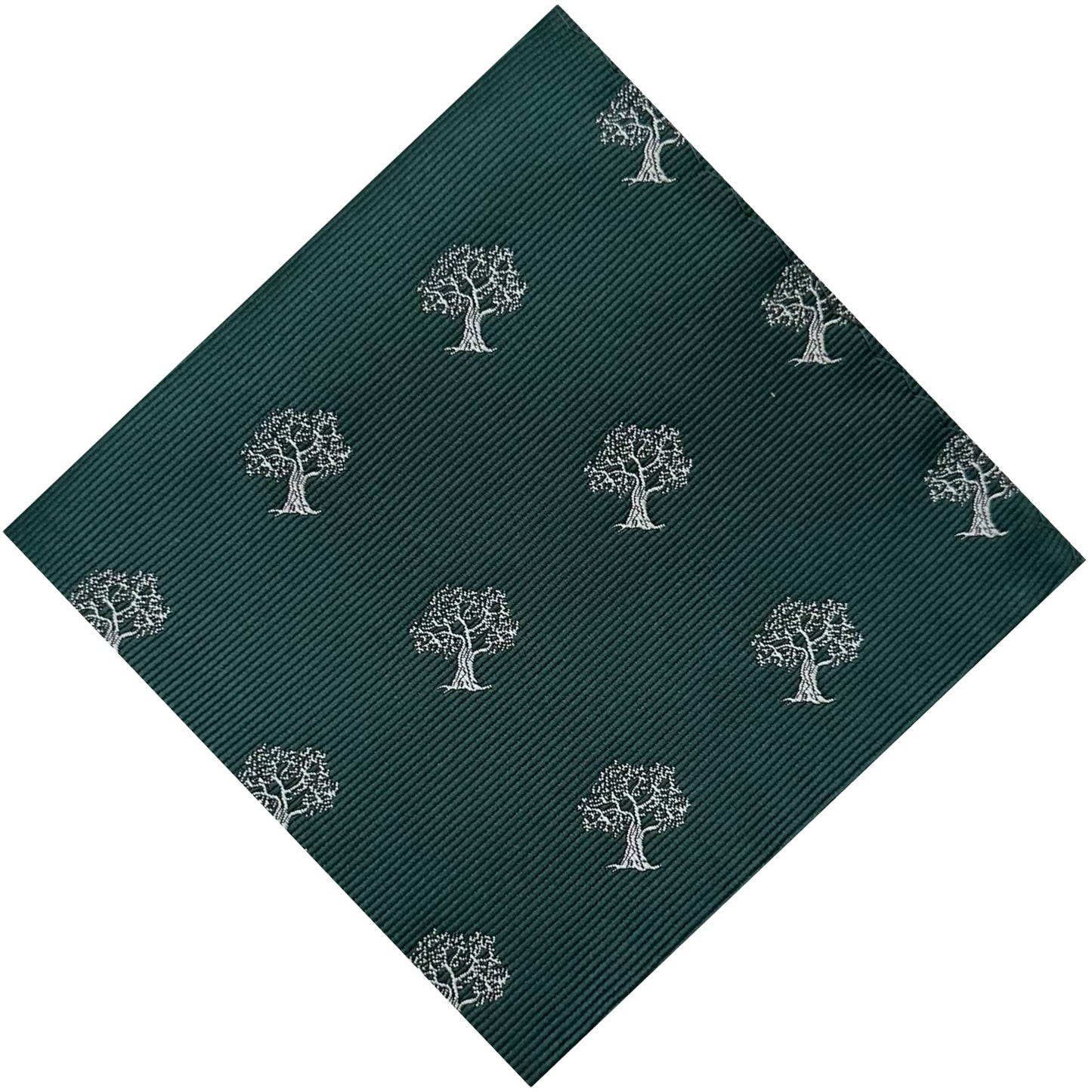 Emerald green pocket square with silver tree embroidery