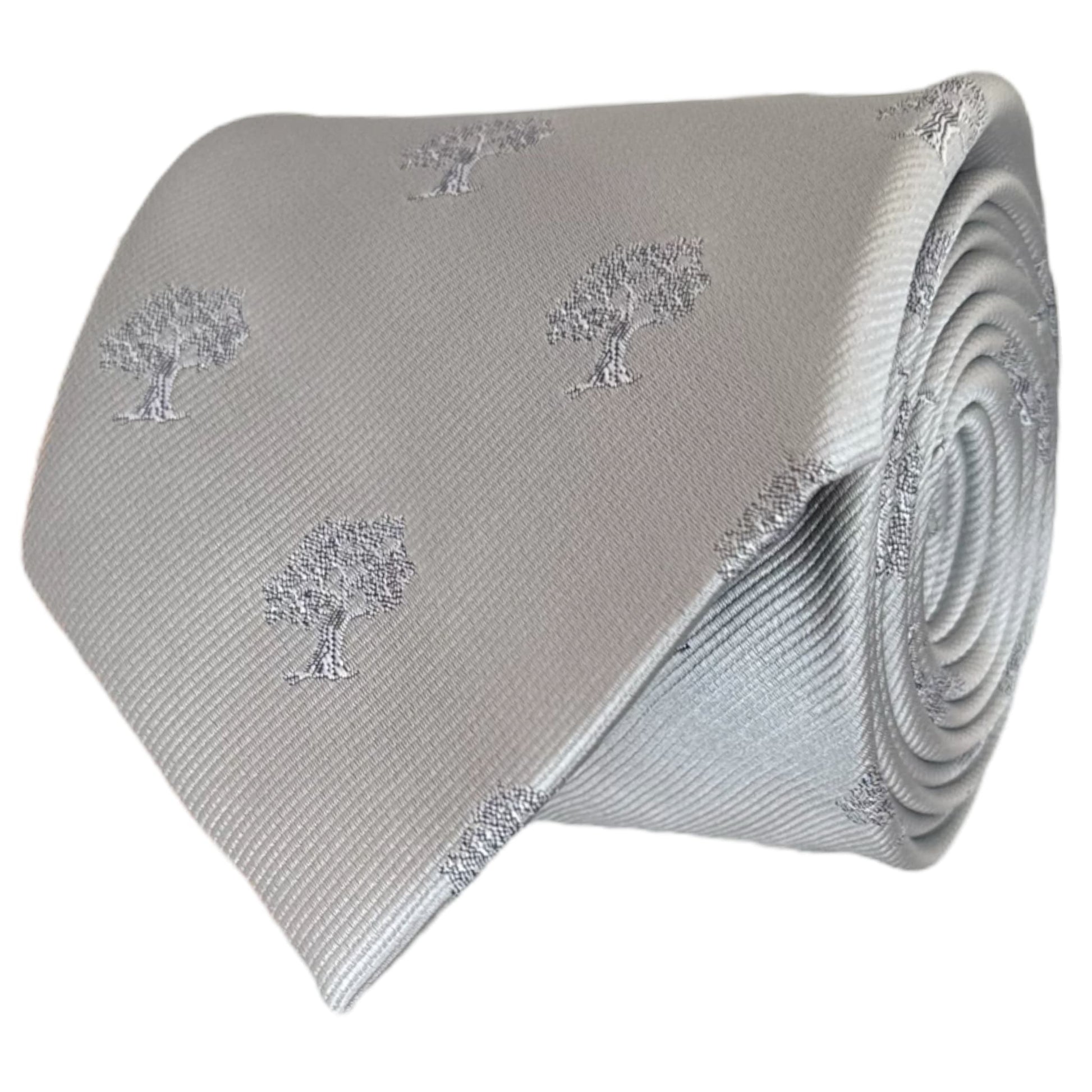 Grey tie with delicate white tree embroidery 