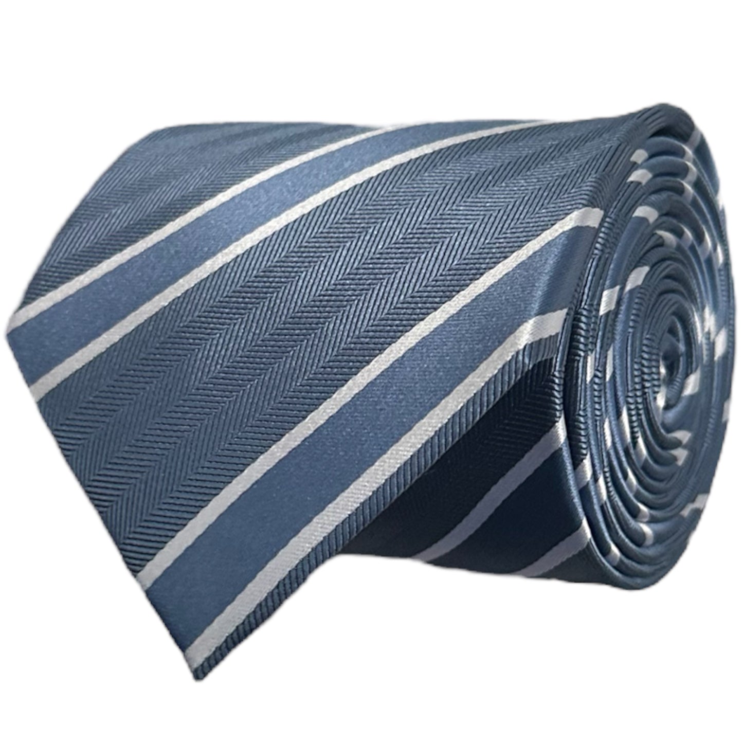 Rolled-up blue tie with white stripes on a white background