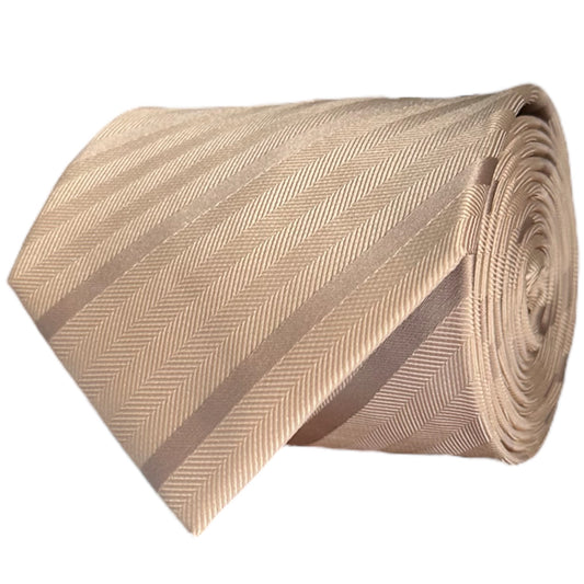 Beige striped tie rolled up on a white background