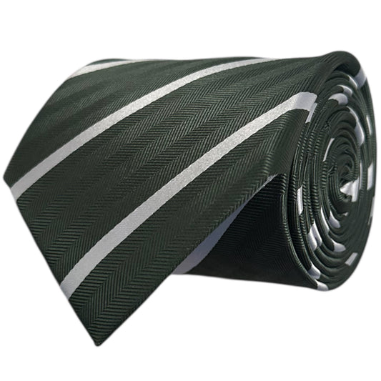 Green tie with white stripes rolled up on a white background