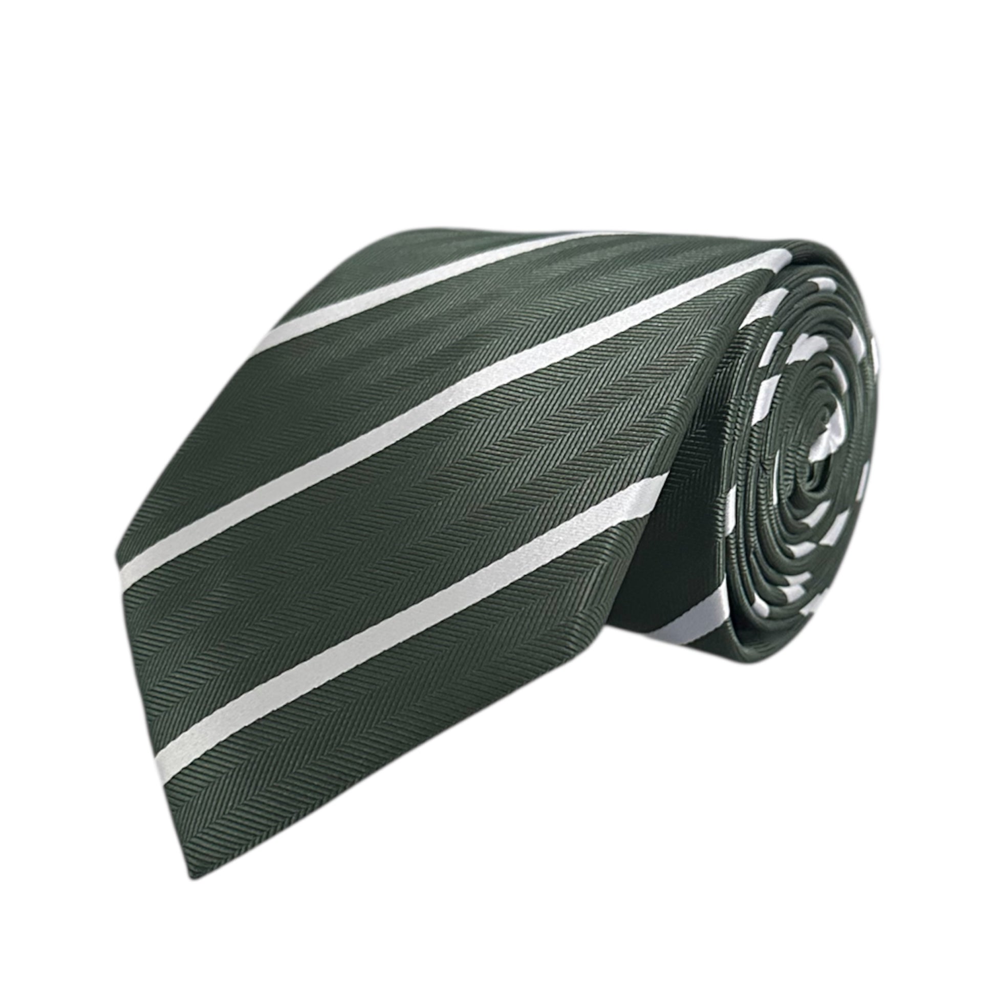 Green tie with white stripes on a white background