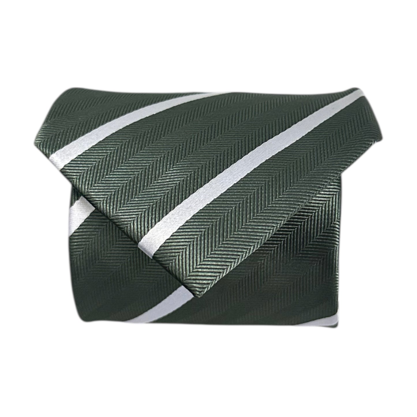 Green tie with white stripes on a white background