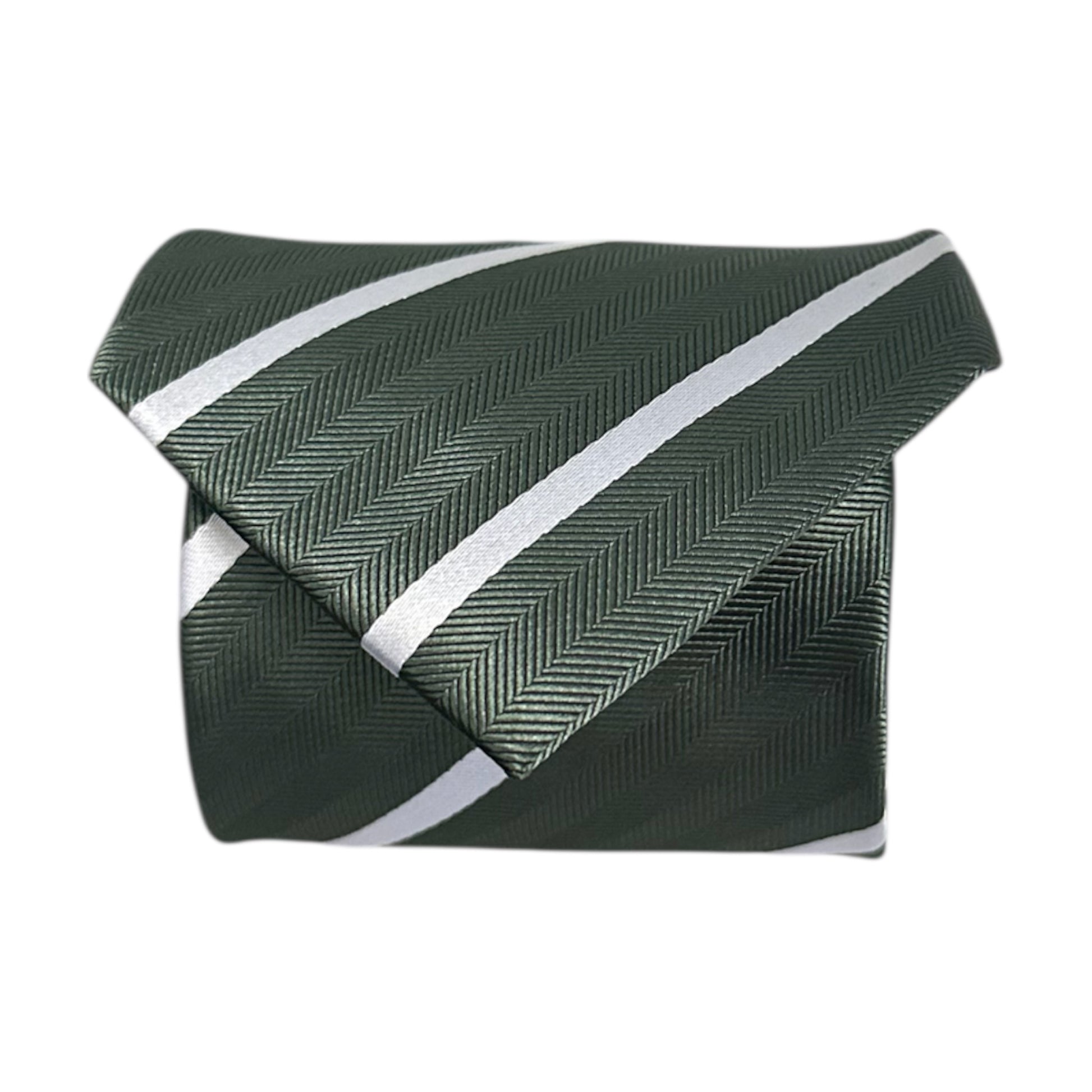 Green tie with white stripes on a white background