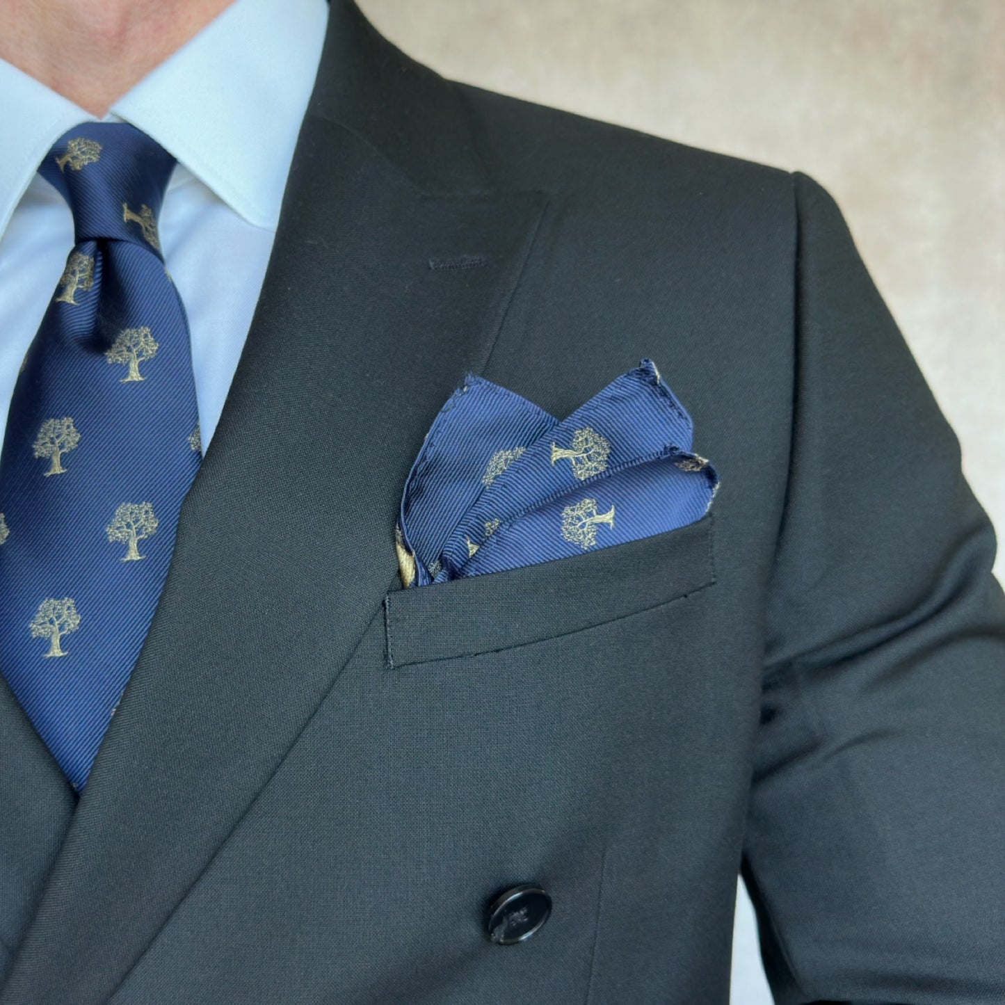 Navy Blue & Gold Tree Pocket Square