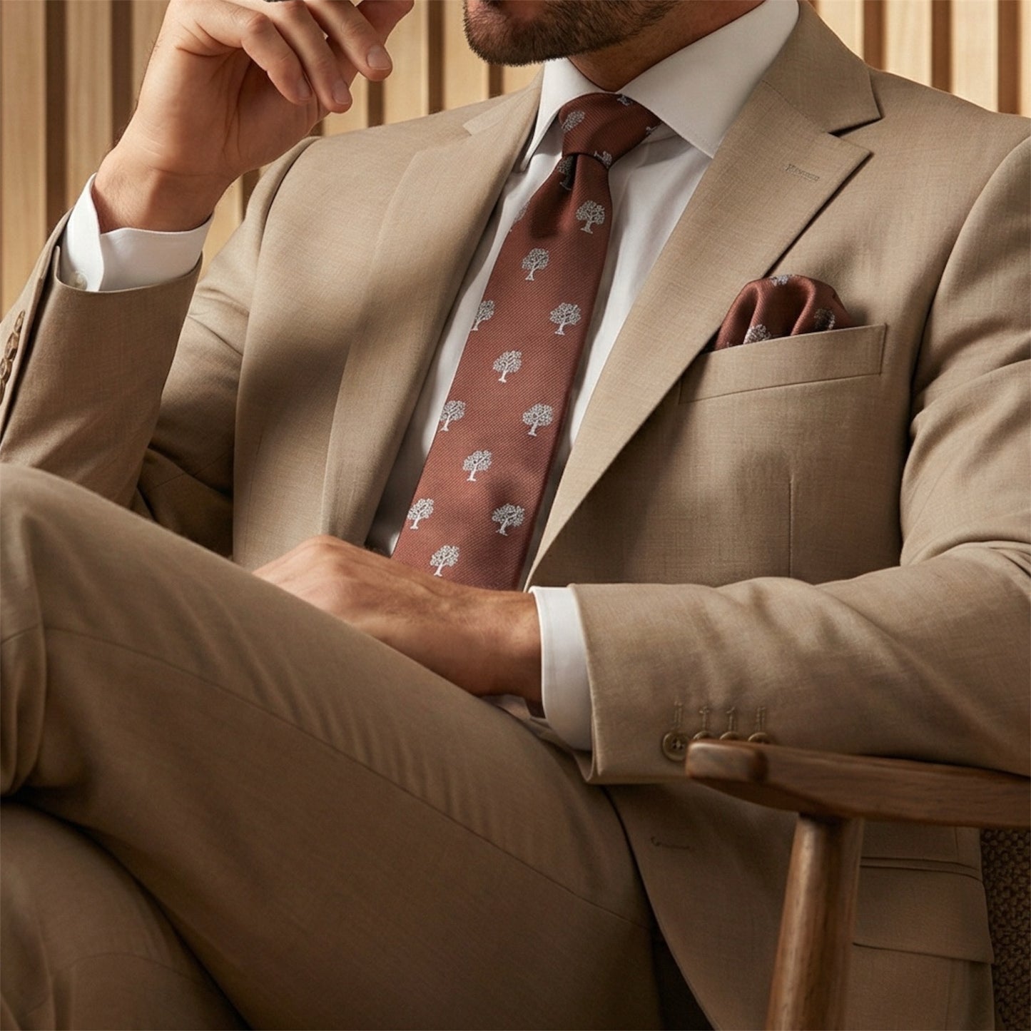 Tree Pocket Square Brown & White