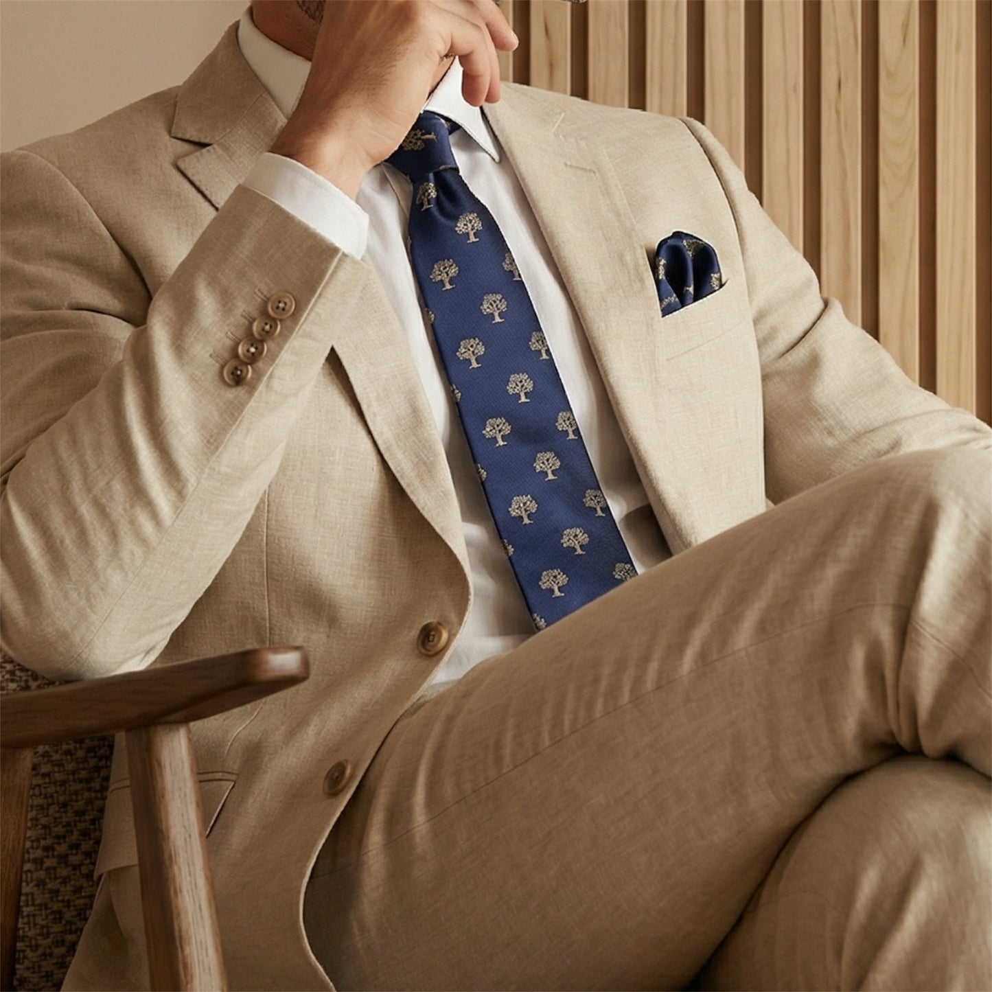 Tree Pocket Square Navy Blue & Gold