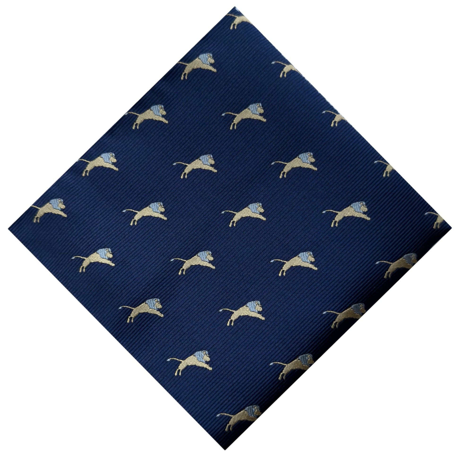 blue pocket square with gold and silver lion pattern