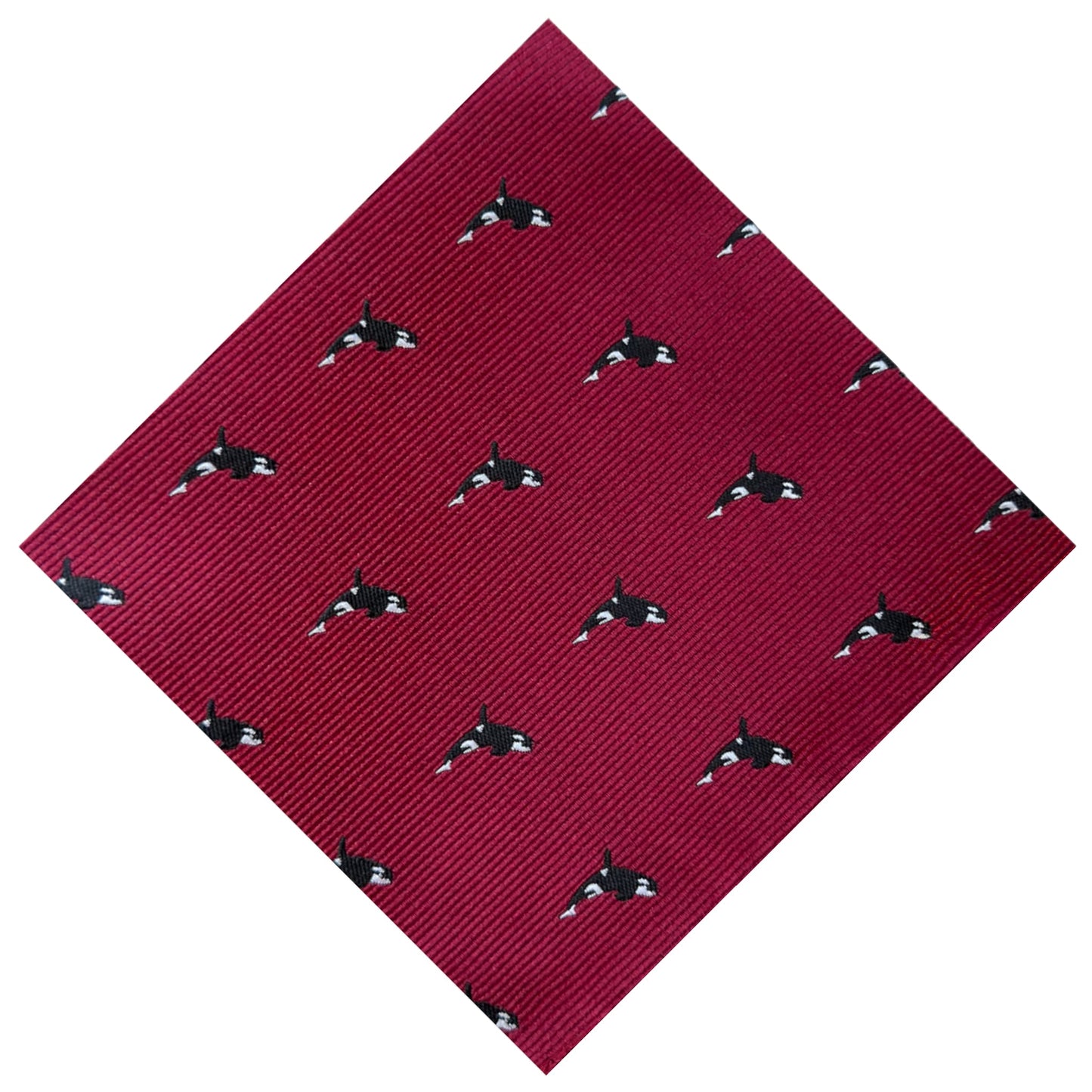 Red pocket square with black and white orca embroidery