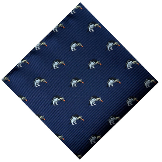 Blue pocket square with unique multicolored rockhopper penguin embroidery 