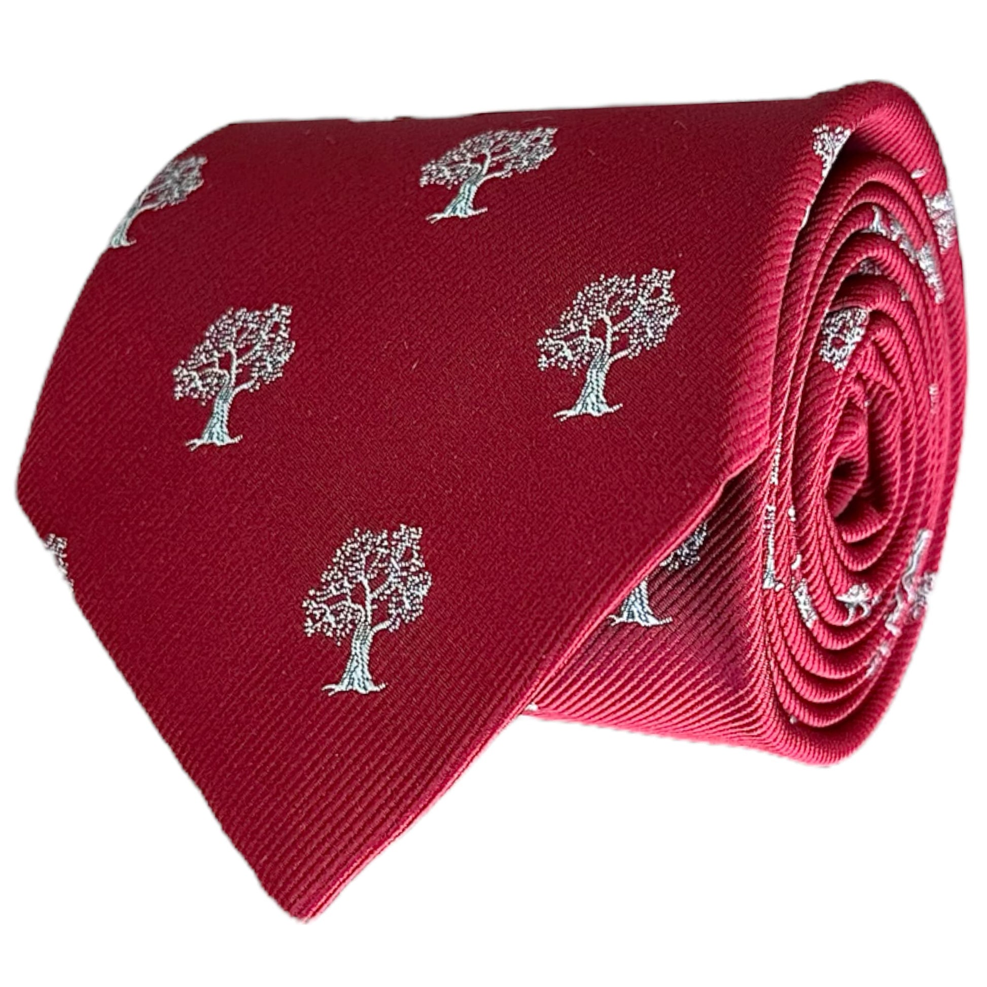 Red necktie highlighting silver tree pattern