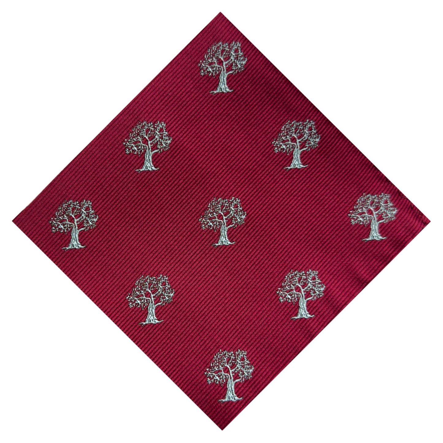 Red pocket square accented with silver tree embroidery 