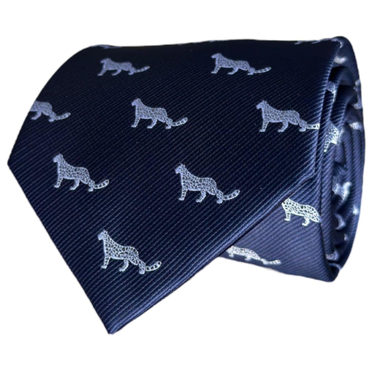 Blue animal theme tie with white snow leopard embroidery