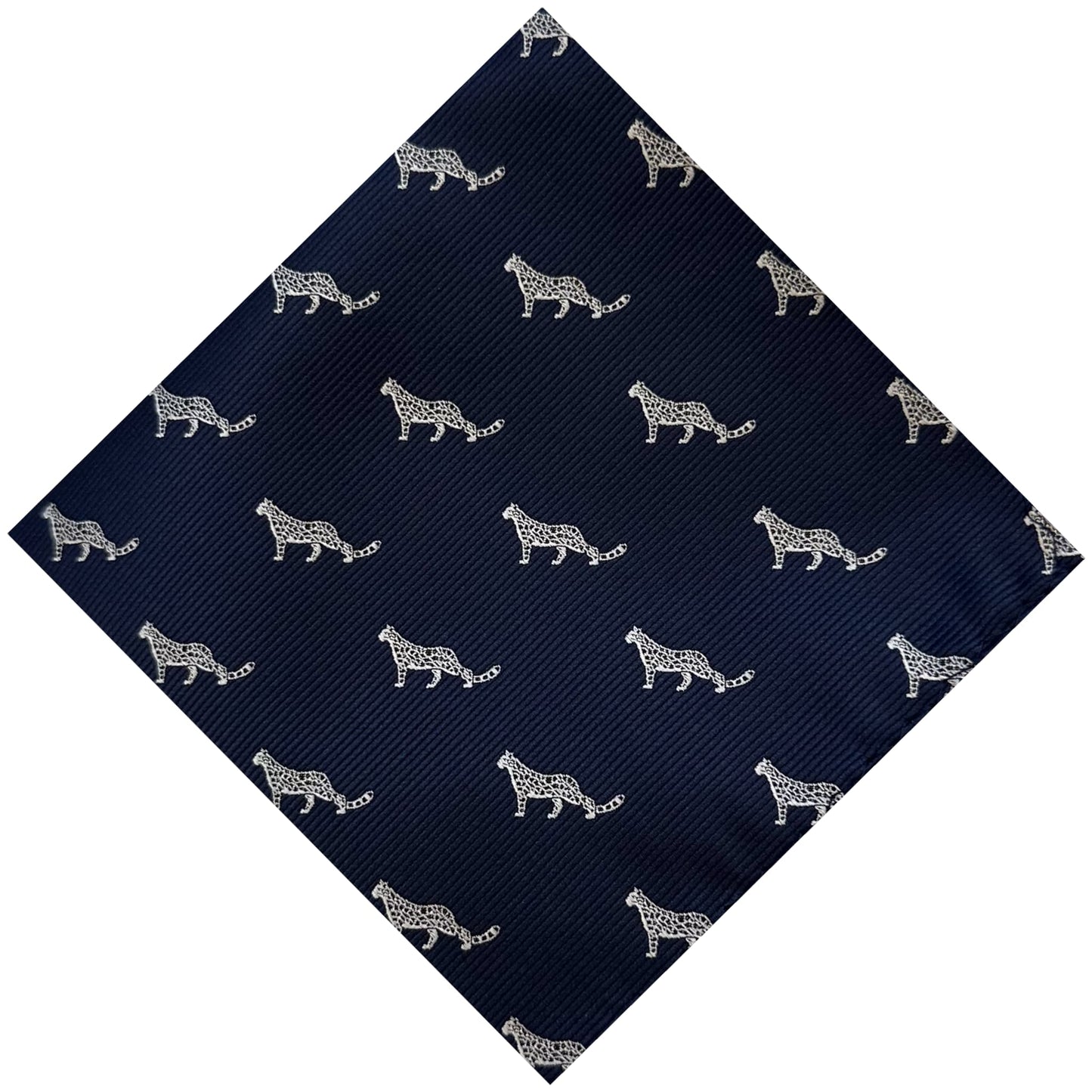 Blue animal style pocket square with white snow leopard pattern