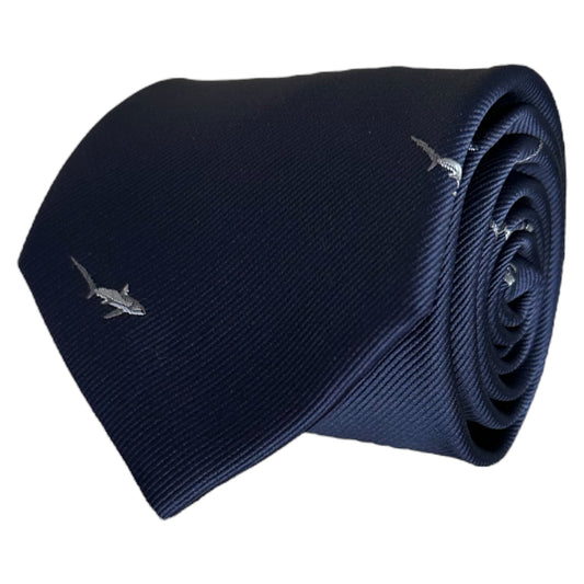 Navy blue necktie with grey shark embroidery 