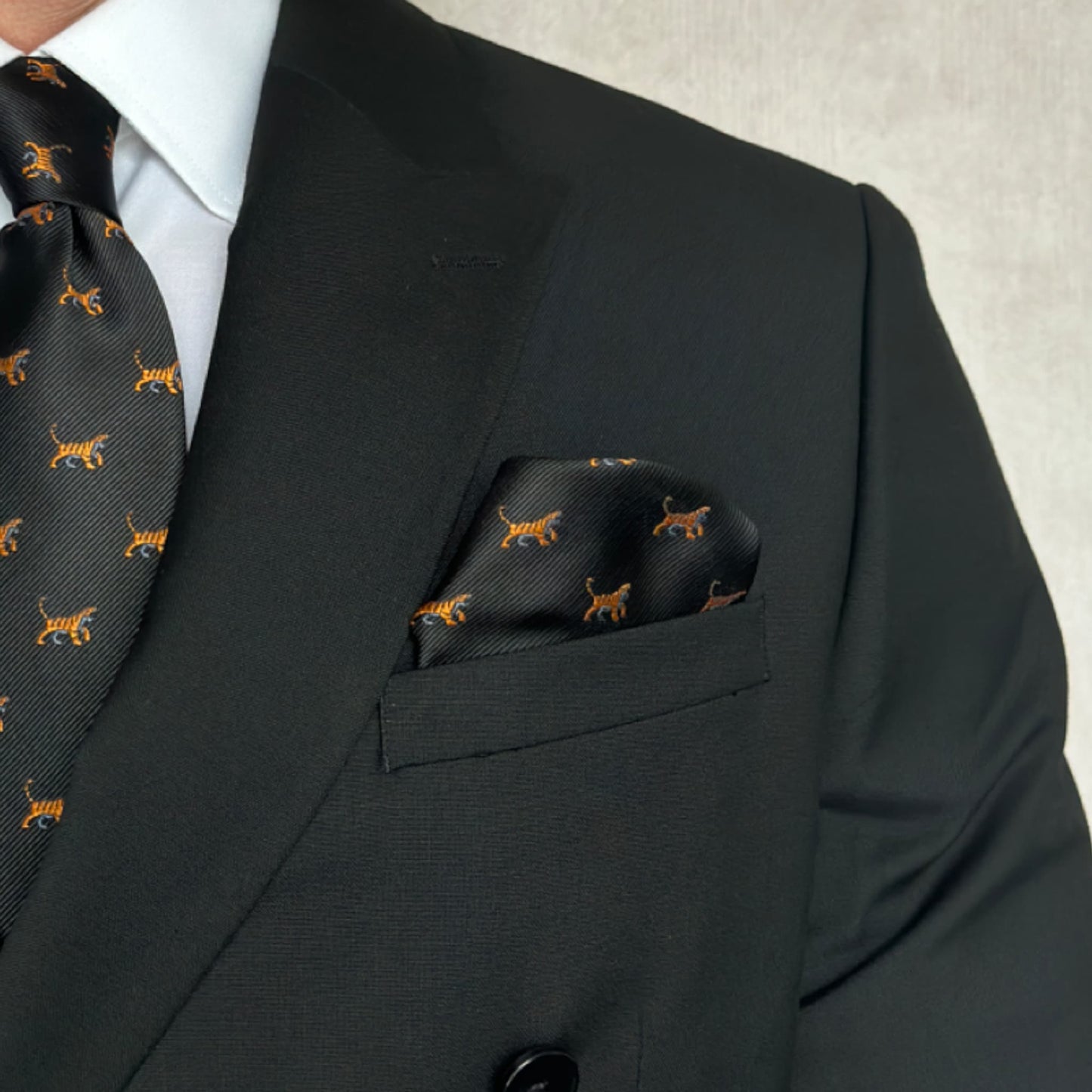 black double breasted blazer with animal style tiger embroidered pocket square