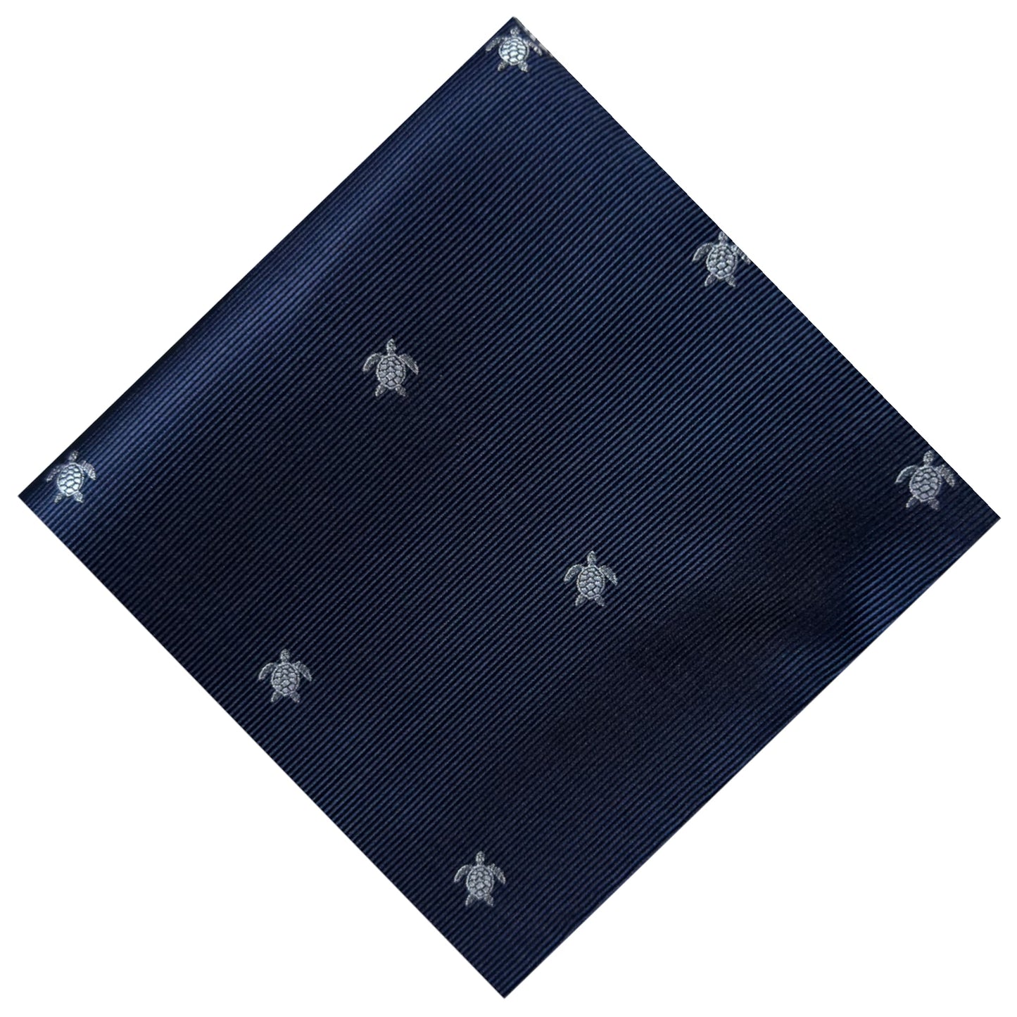 blue pocket square with silver turtle embroidery