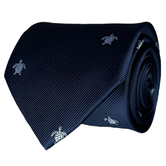 Navy Blue tie with silver embroidered turtles