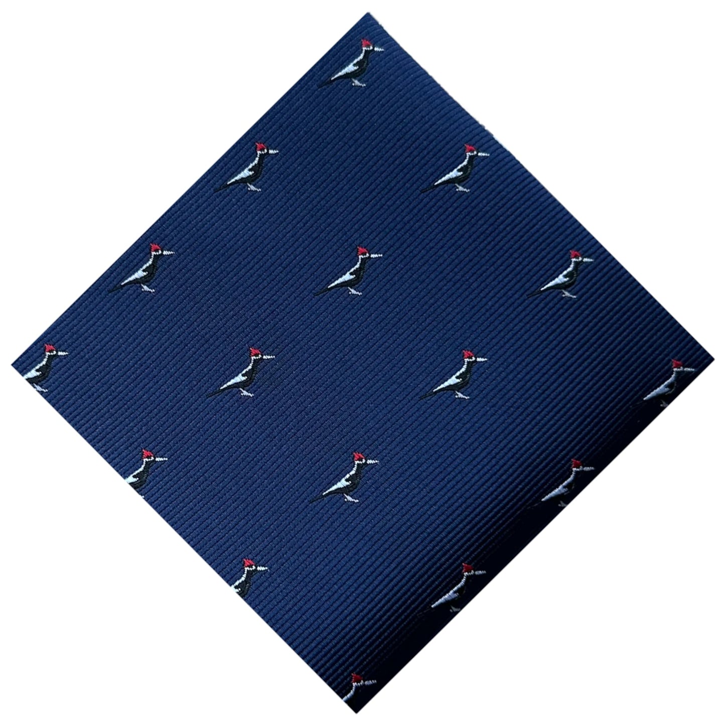 navy blue pocket square with woodpecker pattern