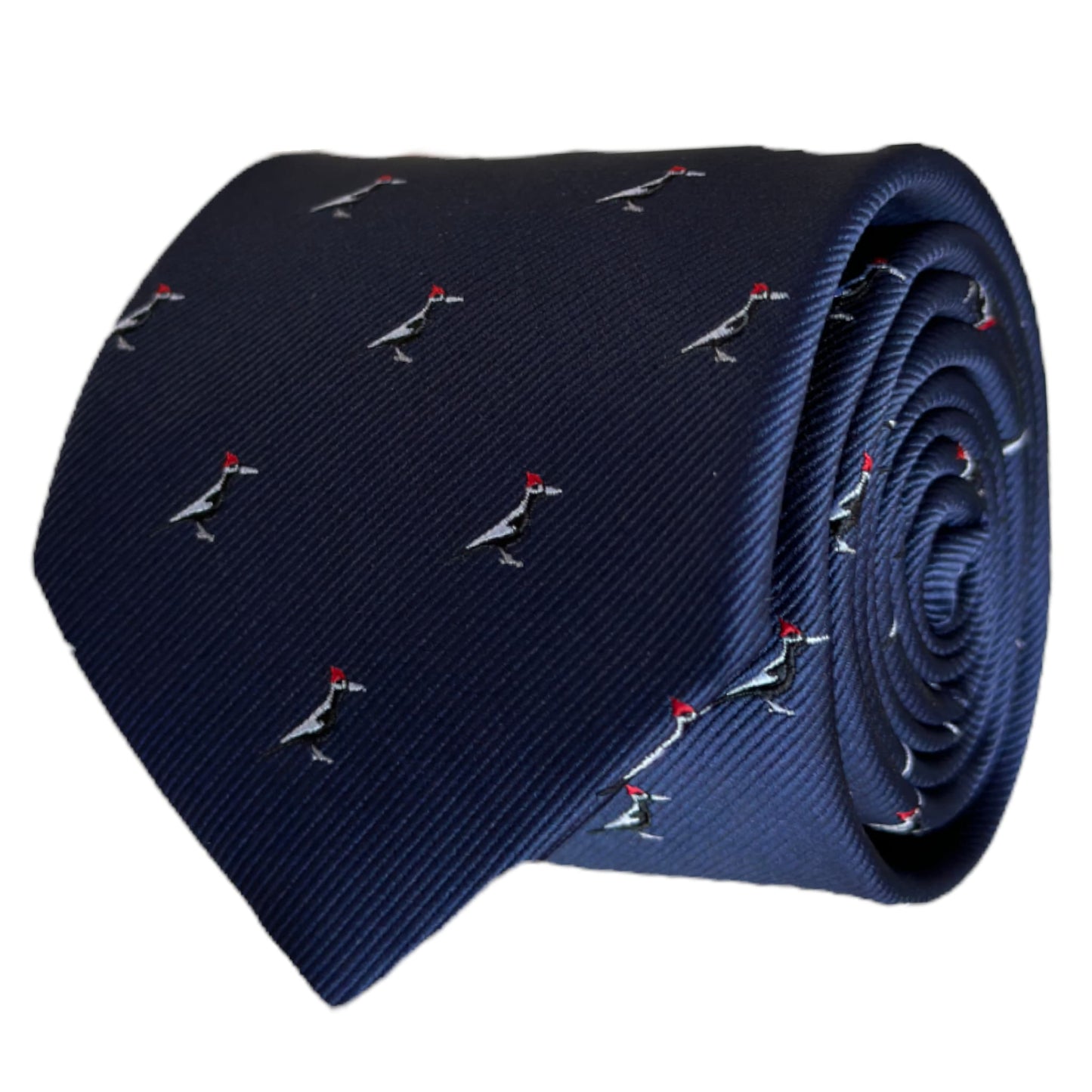 Blue folded necktie with woodpecker embroidery 