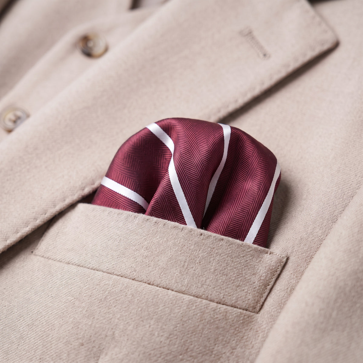 Burgundy & White Stripe Pocket Square - Hawksmoor Edit