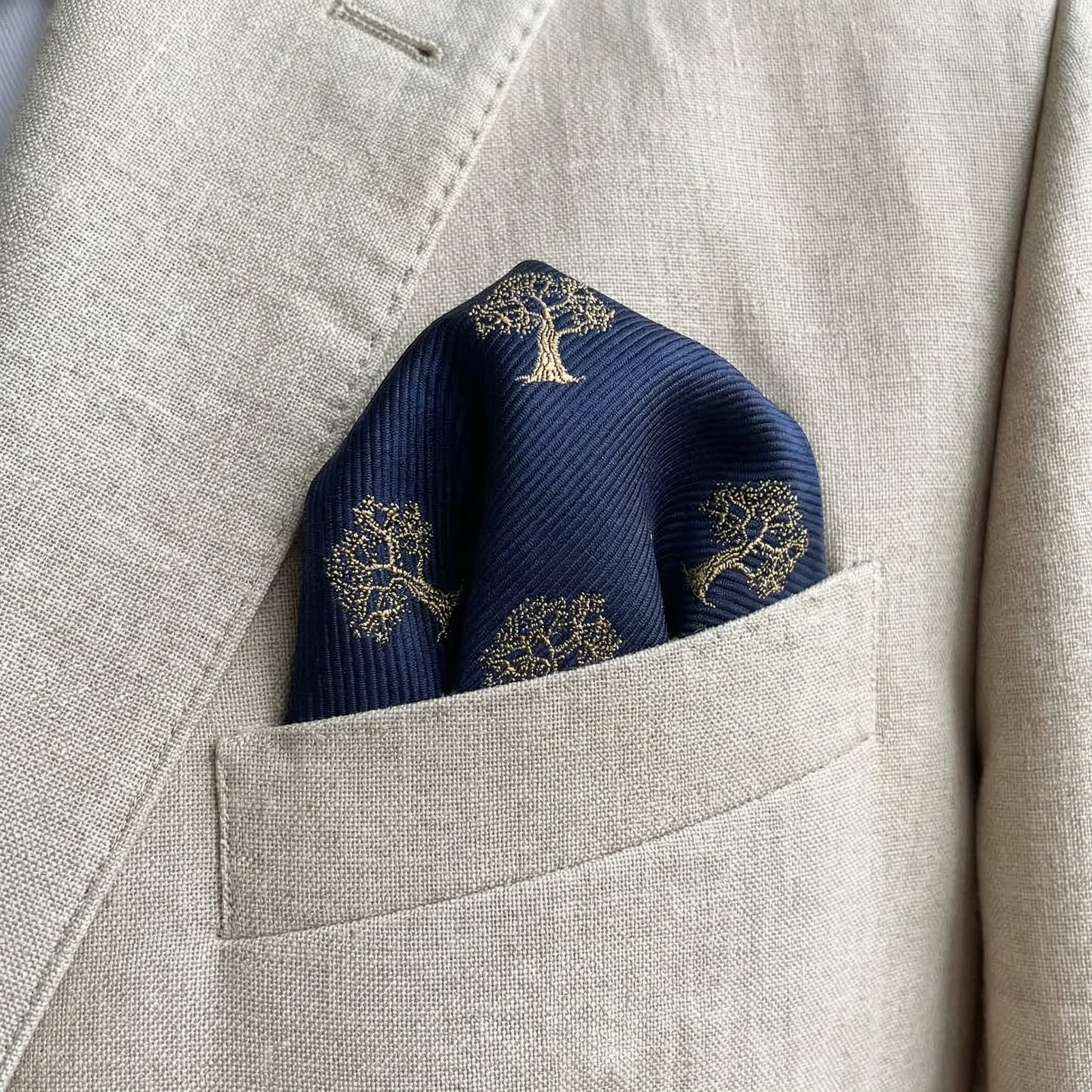 Tree Pocket Square Navy Blue & Gold