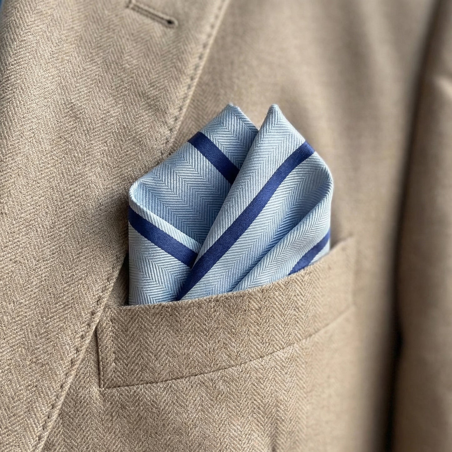 Light Blue & Navy Blue Stripe Pocket Square - Hawksmoor Edit
